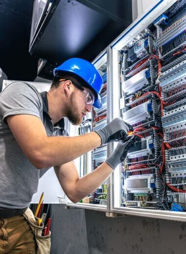 male electrician uniform working switchboard electricity