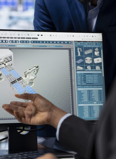 solar energy production facility programmer writing software code on pc, closeup